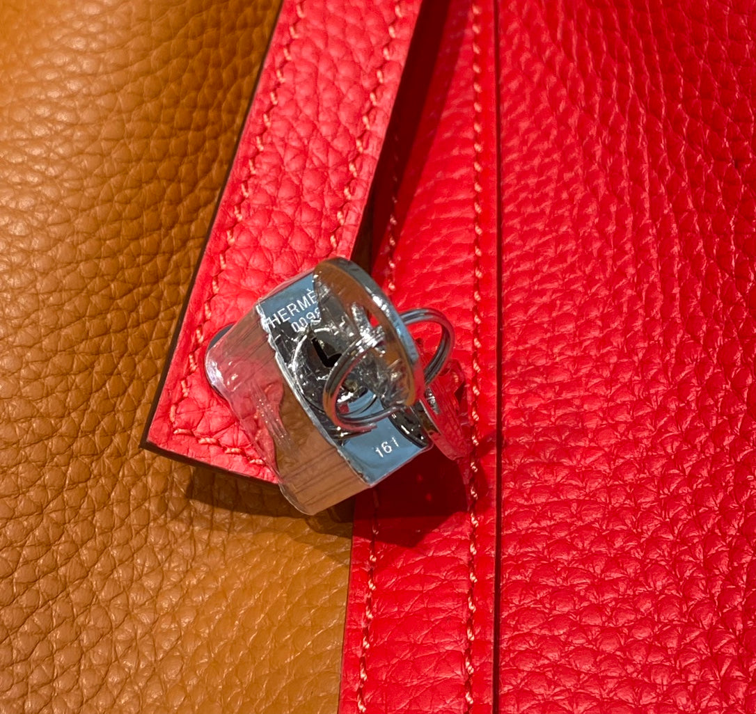 HERMES 25S PICOTIN LOCK 18 IN GOLDEN BROWN AND RED CALFSKIN SILVER HARDWARE