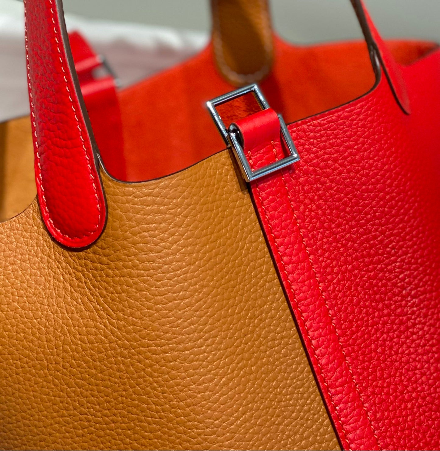 HERMES 25S PICOTIN LOCK 18 IN GOLDEN BROWN AND RED CALFSKIN SILVER HARDWARE