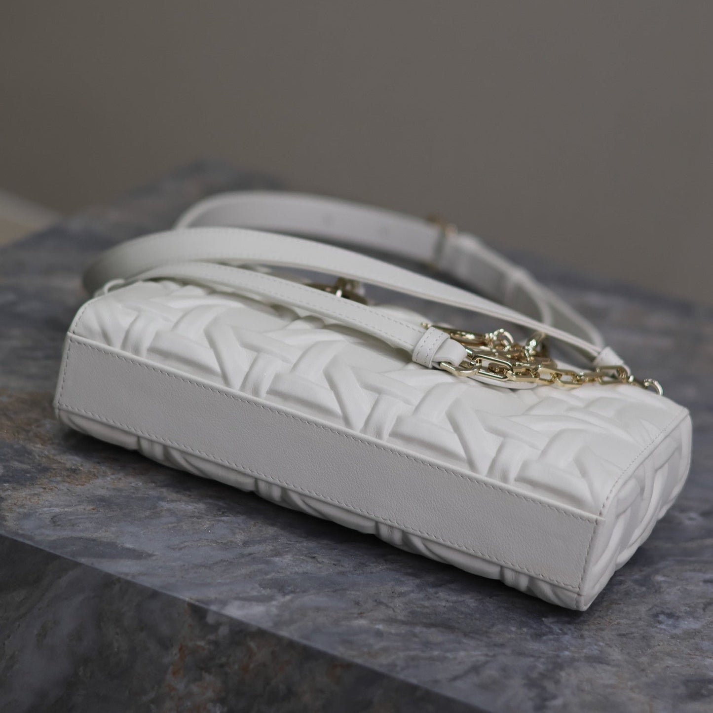 LADY D-JOY BAG 26 IN WHITE GRAPHIC CANNAGE CALFSKIN PALE GOLD-FINISH METAL CHARMS