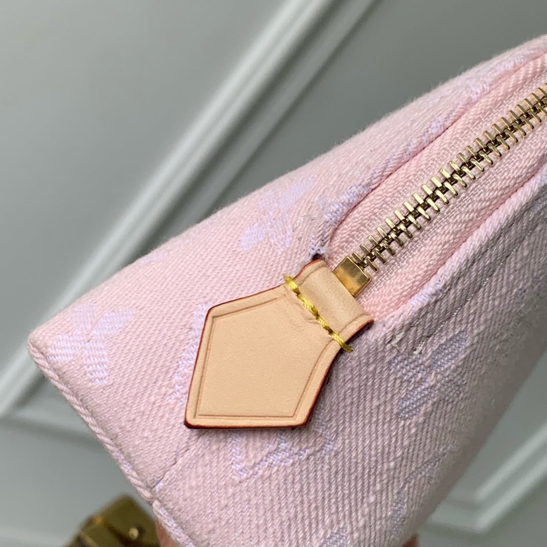 COSMETIC POUCH 19 IN PINK MONOGRAM DENIM GOLD HARDWARE