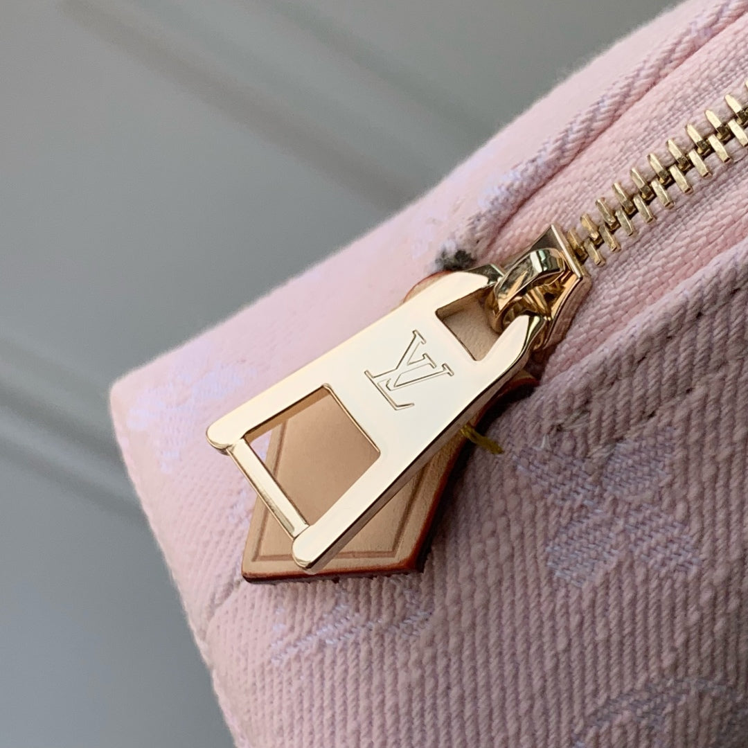 COSMETIC POUCH 19 IN PINK MONOGRAM DENIM GOLD HARDWARE