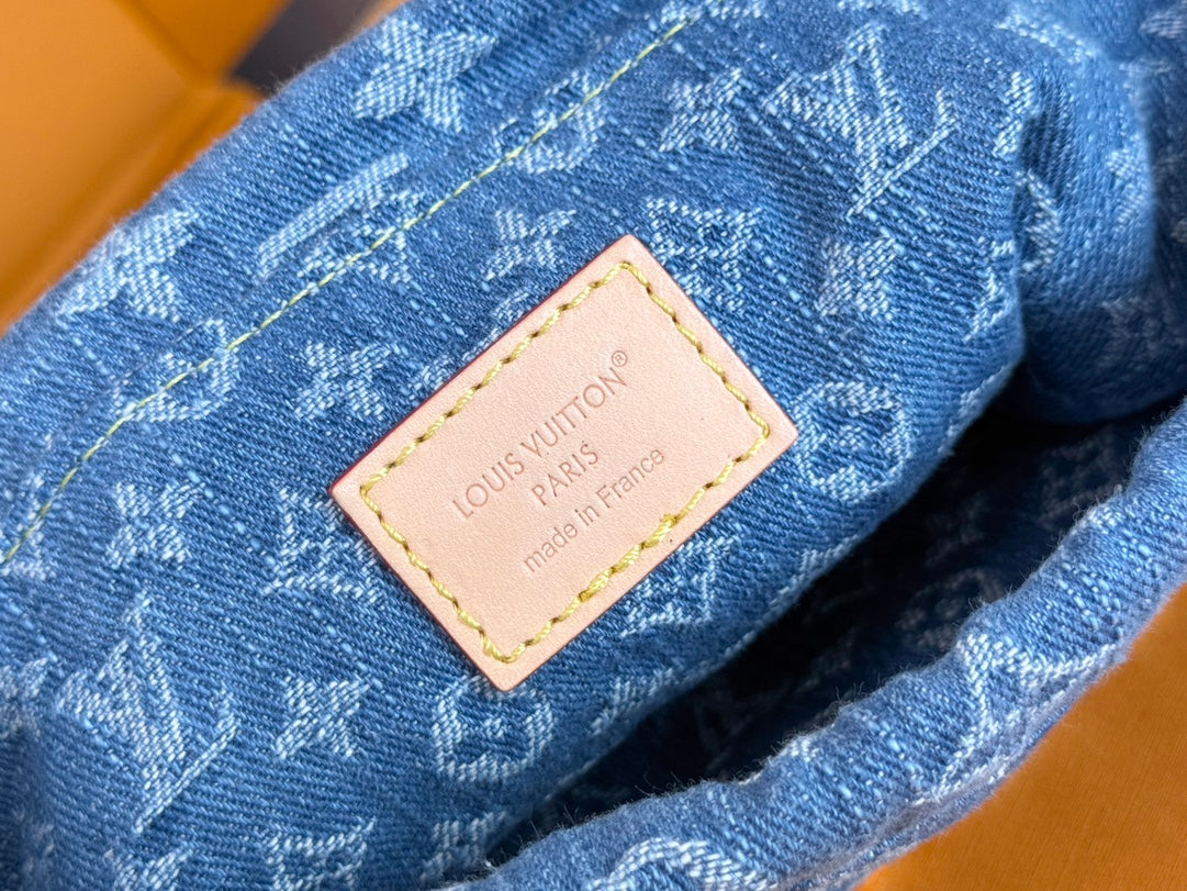 LV 25S NANO NOÉ 20 IN BLUE DENIM MONOGRAM LEATHER TRIM GOLD HARDWARE