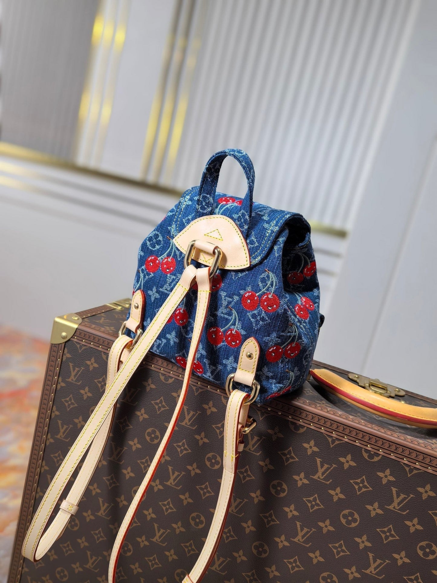 LV 25S VENICE BACKPACK 26 IN BLUE DENIM MONOGRAM CHERRY GOLD HARDWARE