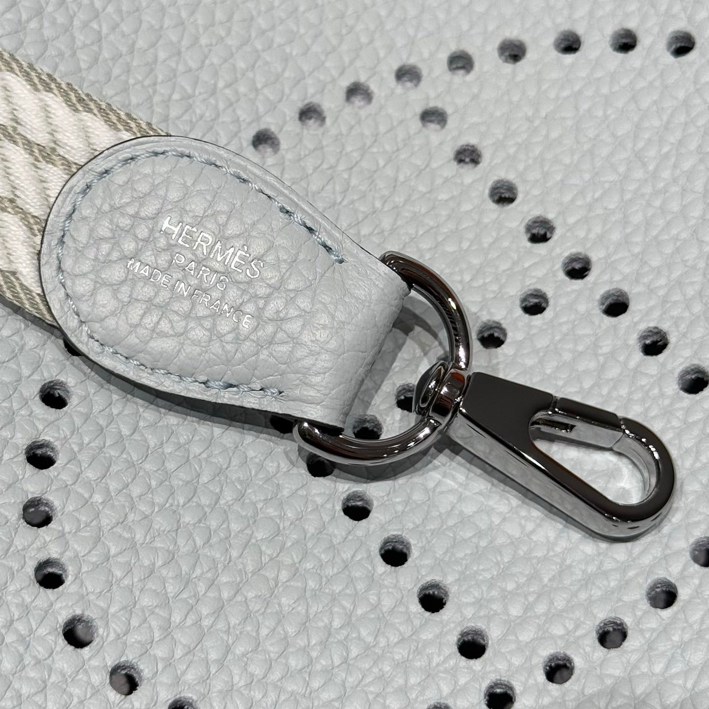 HERMES 25S MINI EVELYNE 18 IN MIST BLUE PATTERNED STRAP CALFSKIN SILVER HARDWARE