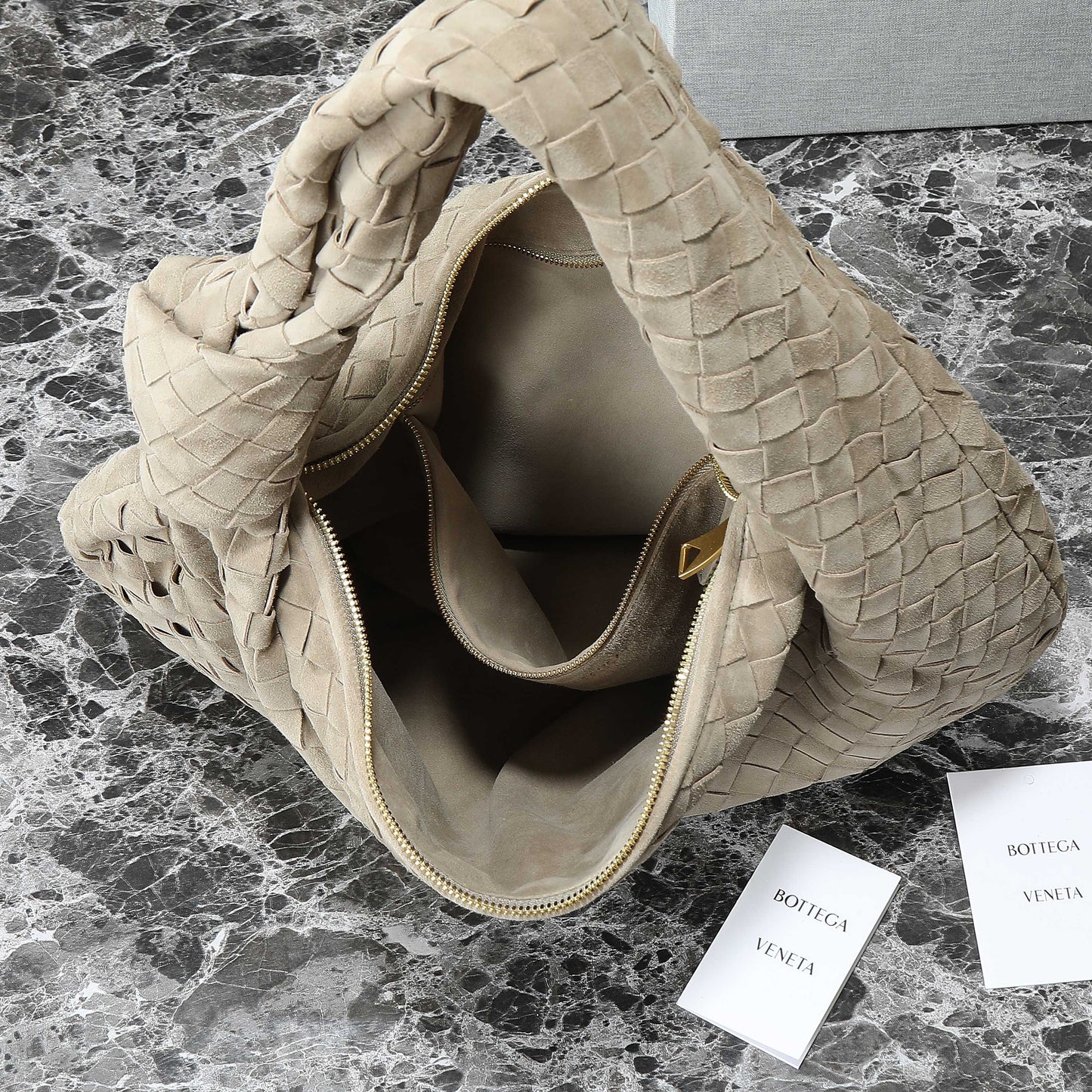BOTTEGA VENETA 25S SMALL JODIE 48 IN MUTED TAUPE SUEDE GOLD HARDWARE