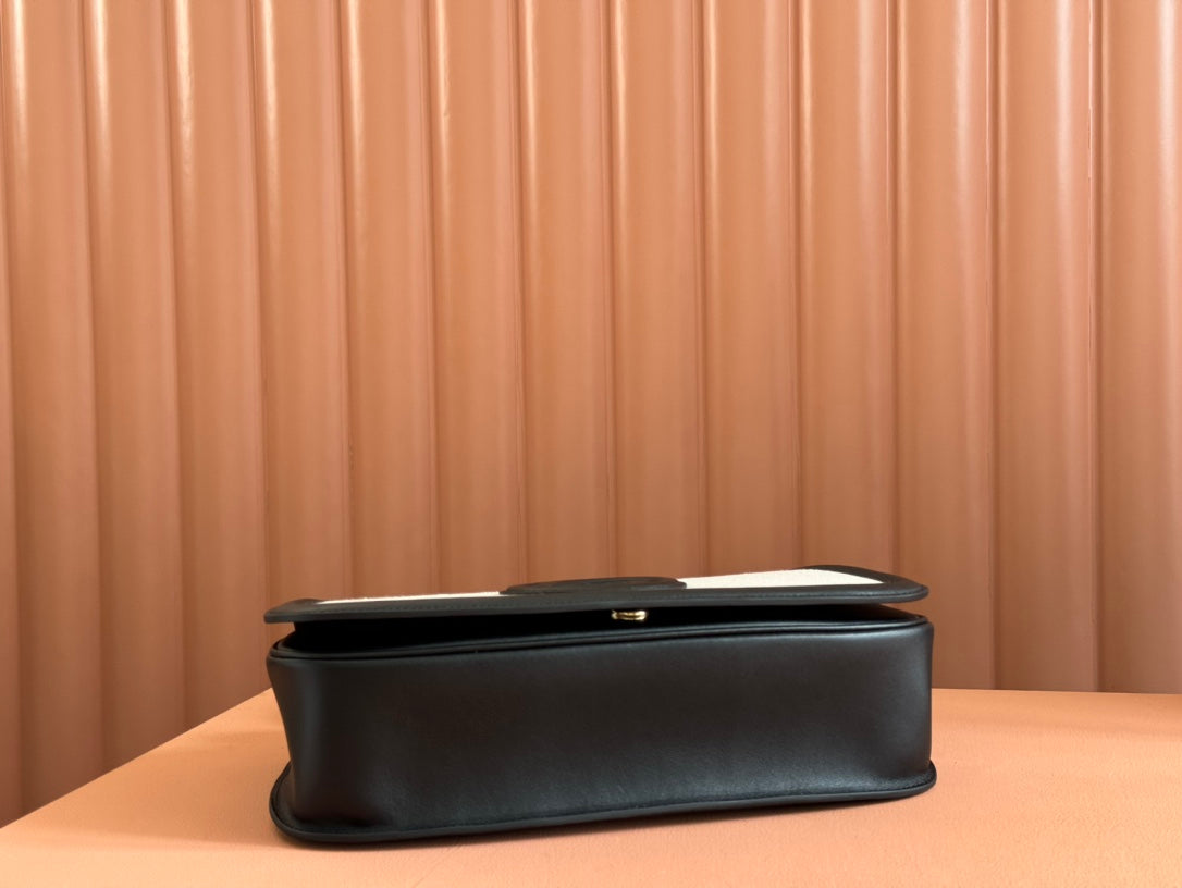 BLONDIE LARGE TOP HANDLE BAG 32 IN NATURAL COTTON LINEN CANVAS BLACK CALFSKIN