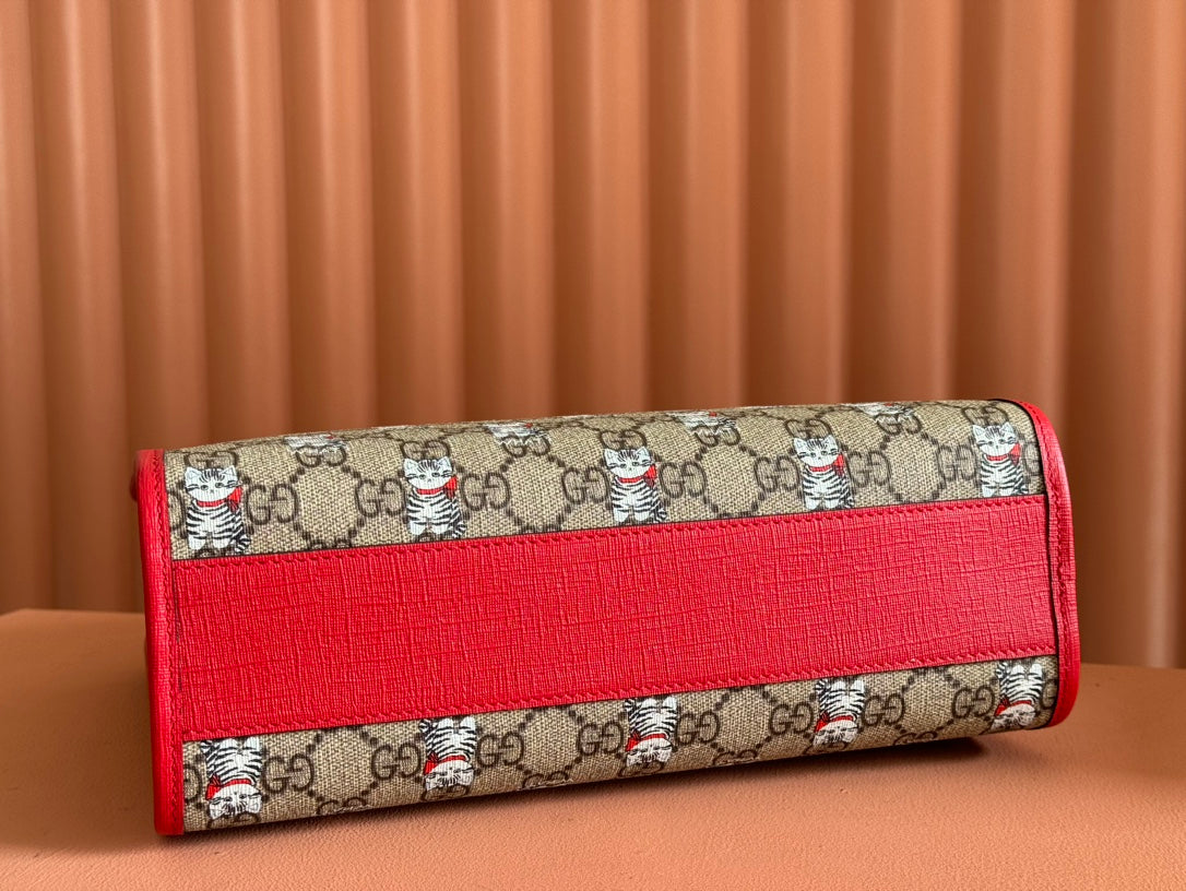 CHILDREN'S PRINTED CAT TOTE BAG 28.5 IN BEIGE AND DARK BROWN GG CANVAS RED TRIM