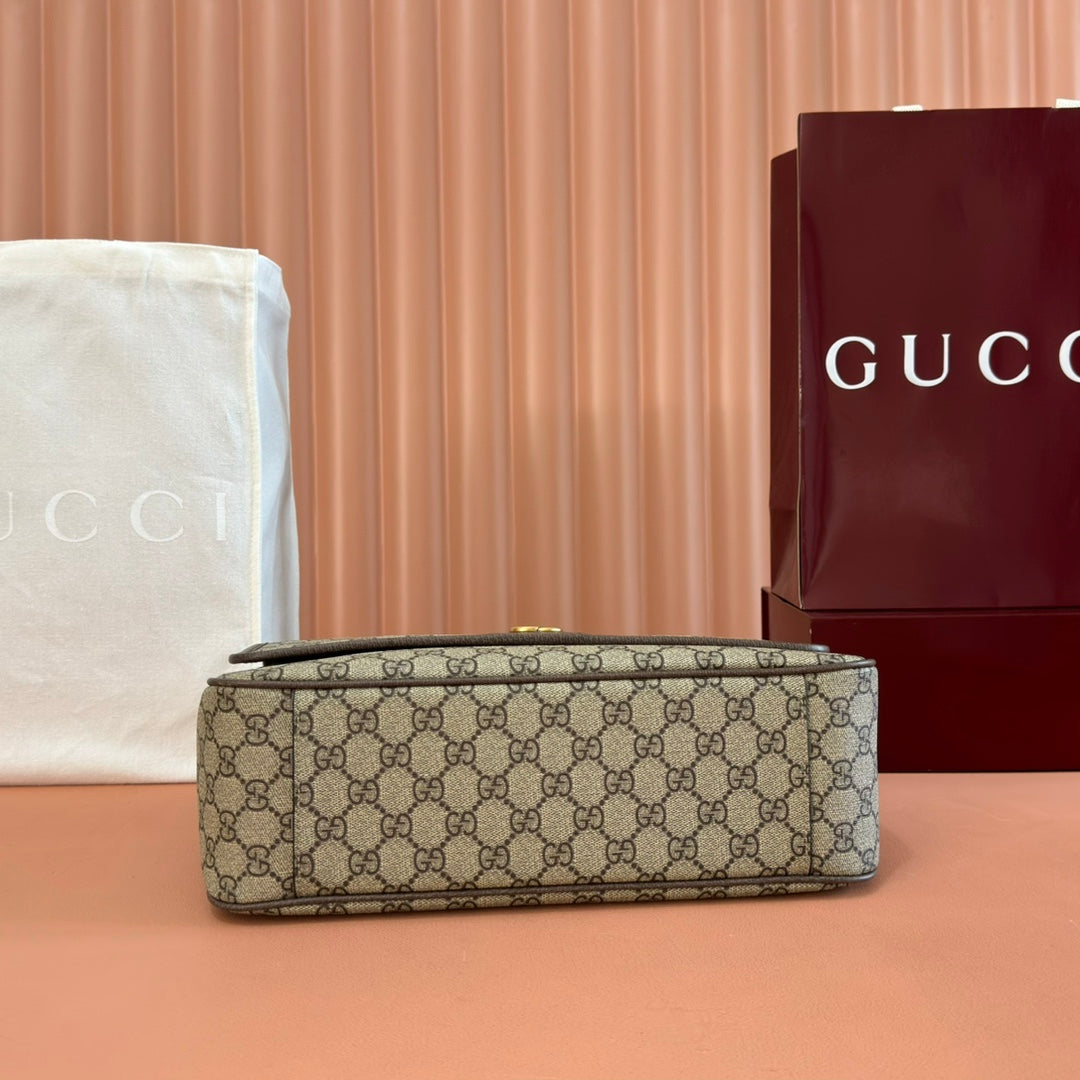 GUCCI 25S OPHIDIA LARGE CROSSBODY BAG 33 IN BEIGE CANVAS AND BROWN CALFSKIN