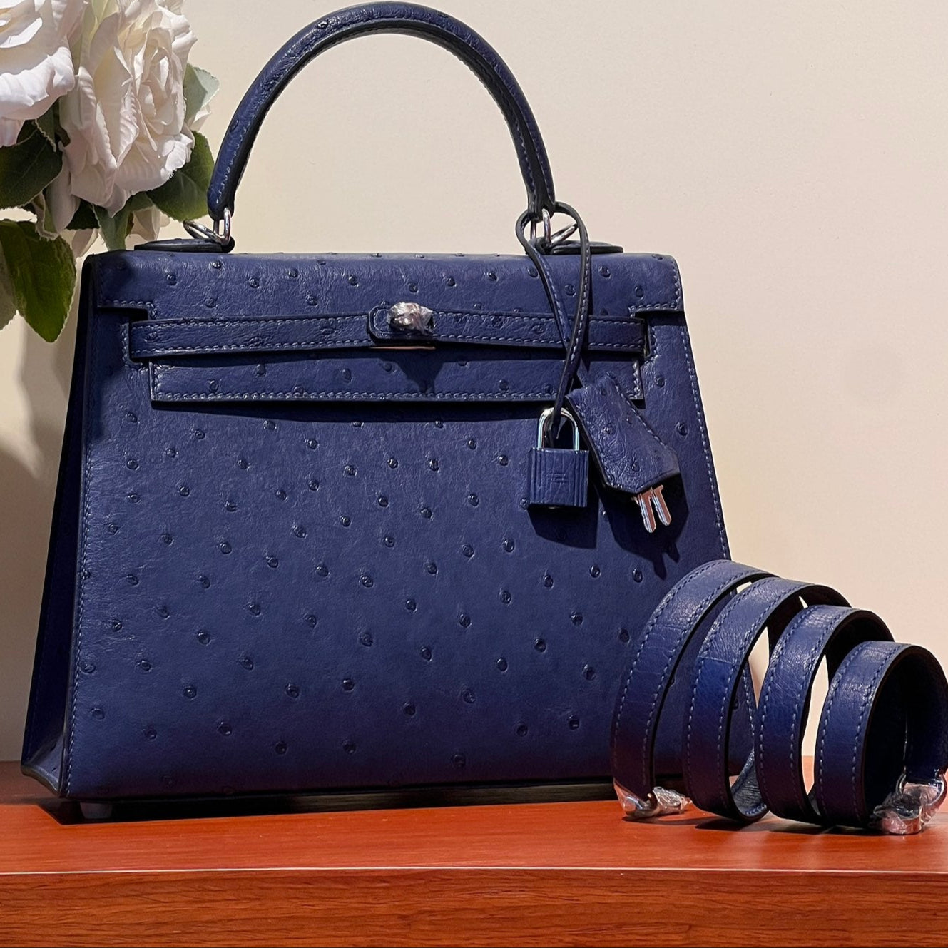 KELLY SELLIER 25 BAG IN NAVY BLUE OSTRICH LEATHER WITH SILVER HARDWARE (MADE-TO-ODER)