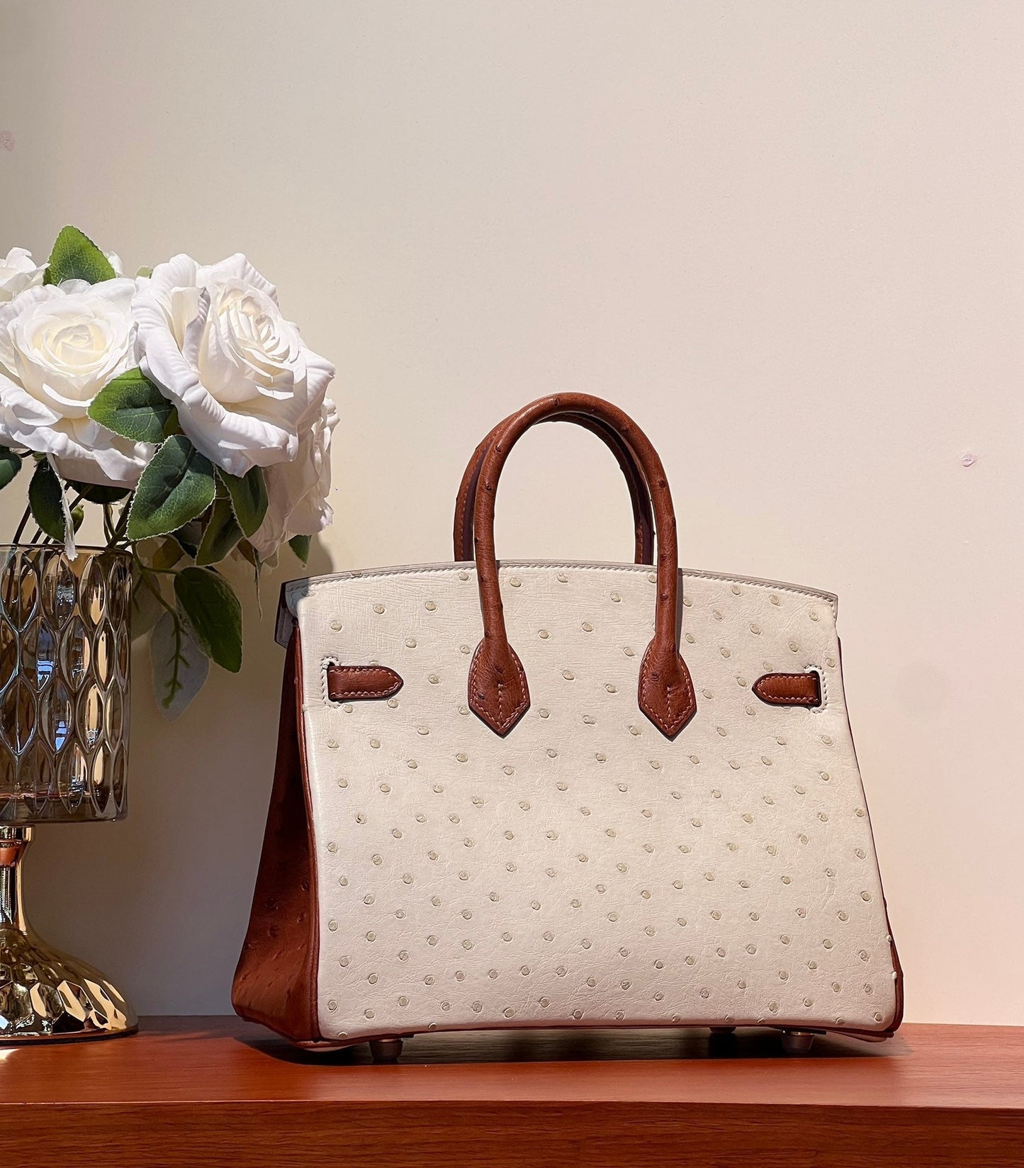 KELLY SELLIER 25 BAG IN WHITE MIX RED BROWN OSTRICH LEATHER (MADE-TO-ODER)