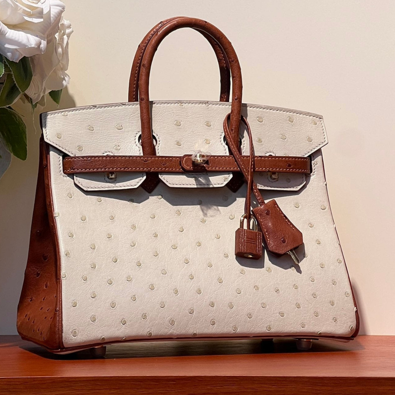 KELLY SELLIER 25 BAG IN WHITE MIX RED BROWN OSTRICH LEATHER (MADE-TO-ODER)