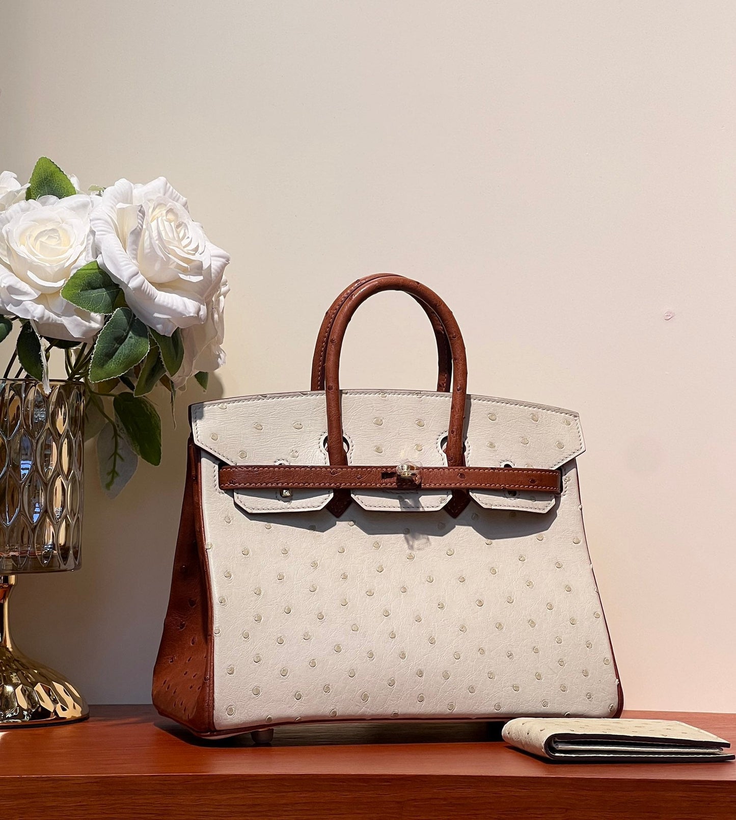 KELLY SELLIER 25 BAG IN WHITE MIX RED BROWN OSTRICH LEATHER (MADE-TO-ODER)