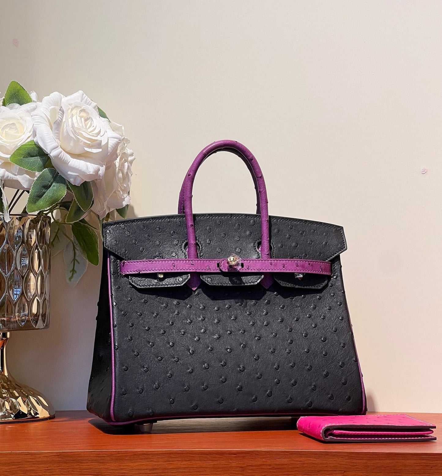 KELLY SELLIER 25 BAG IN BLACK MIX ORCHID PURPLE OSTRICH LEATHER (MADE-TO-ODER)