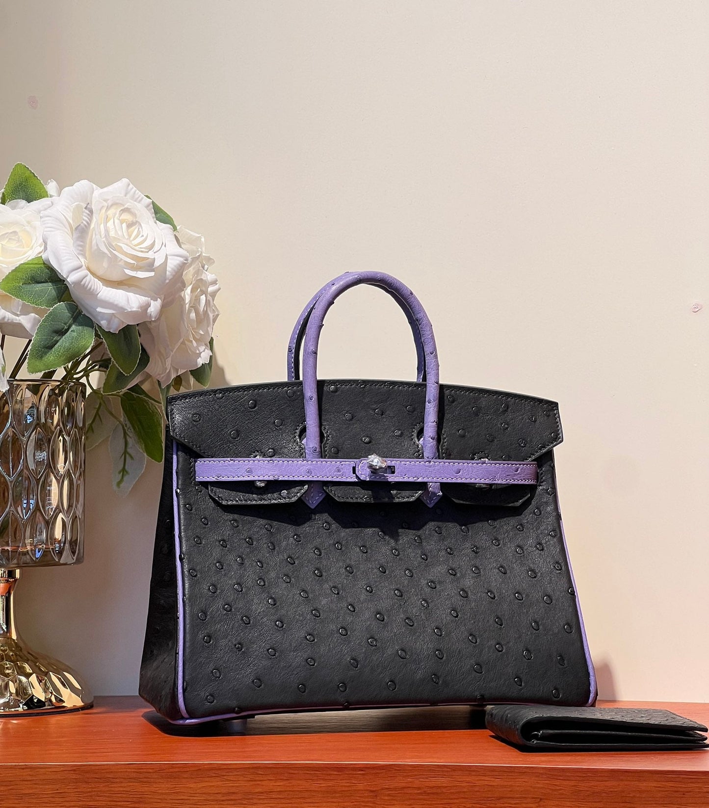 KELLY SELLIER 25 BAG IN BLACK MIX AMETHYST PURPLE OSTRICH LEATHER (MADE-TO-ODER)