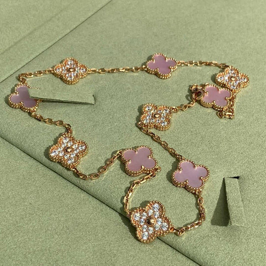 [AURORA]CLOVER 10 MOTIFS DIAMOND PINK MOP NECKLACE