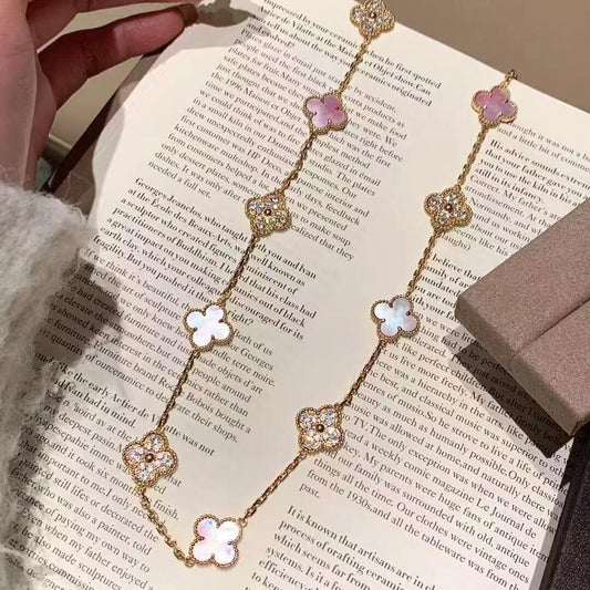 [AURORA]CLOVER 20 MOTIFS DIAMOND PINK MOP NECKLACE