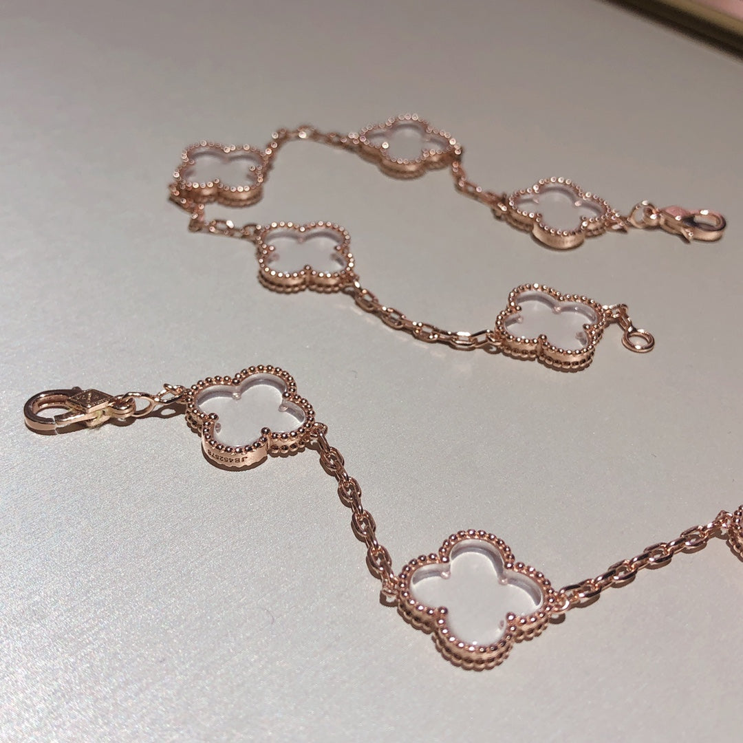 [AURORA]CLOVER 5 MOTIF ROCK CRYSTAL PINK GOLD BRACELET