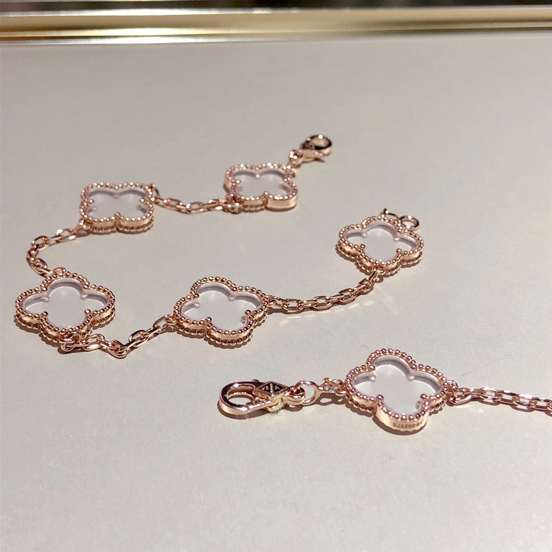 [AURORA]CLOVER 5 MOTIF ROCK CRYSTAL PINK GOLD BRACELET
