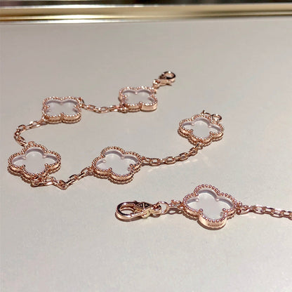 [AURORA]CLOVER 5 MOTIF ROCK CRYSTAL PINK GOLD BRACELET
