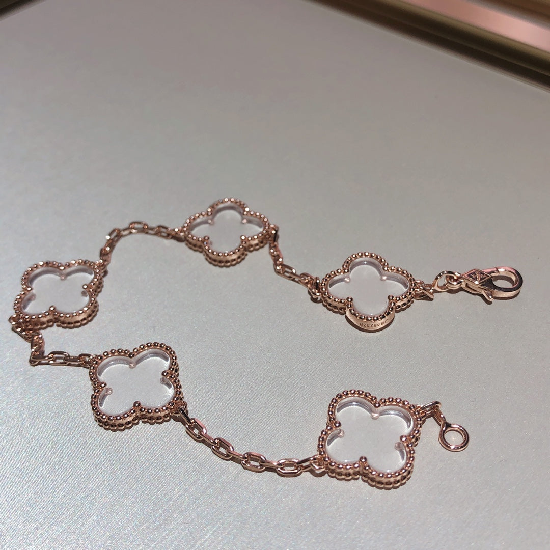 [AURORA]CLOVER 5 MOTIF ROCK CRYSTAL PINK GOLD BRACELET