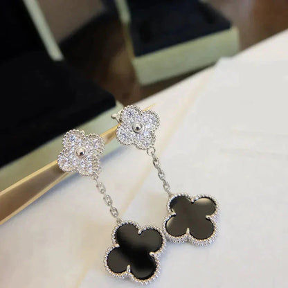 [basloveJW]CLOVER 2 MOTIFS DIAMOND ONYX OHRRINGE SILBER