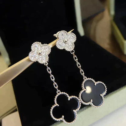 [basloveJW]CLOVER 2 MOTIFS DIAMOND ONYX OHRRINGE SILBER