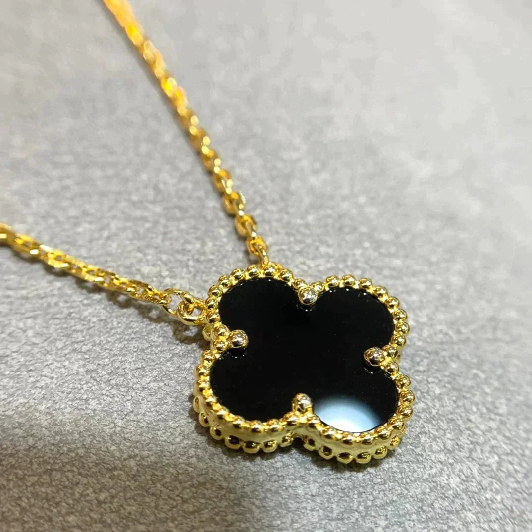 [AURORA]CLOVER 15MM BLACK ONYX SINGLE FLOWER NECKLACE