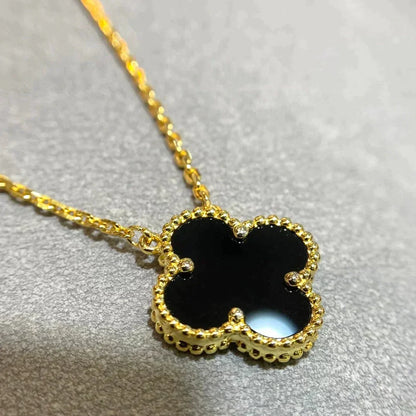[AURORA]CLOVER 15MM BLACK ONYX SINGLE FLOWER NECKLACE