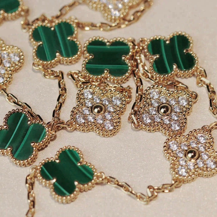 [basloveJW]CLOVER 20 MOTIFS MALACHIT DIAMANT HALSKETTE