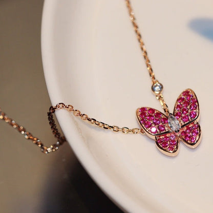 [basloveJW]HALSKETTE MIT ROTEN DIAMANTEN UND SCHMETTERLINGEN AUS ROSÉGOLD