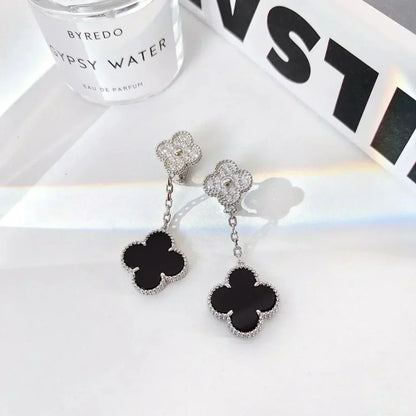 [basloveJW]CLOVER 2 MOTIFS DIAMOND ONYX OHRRINGE SILBER