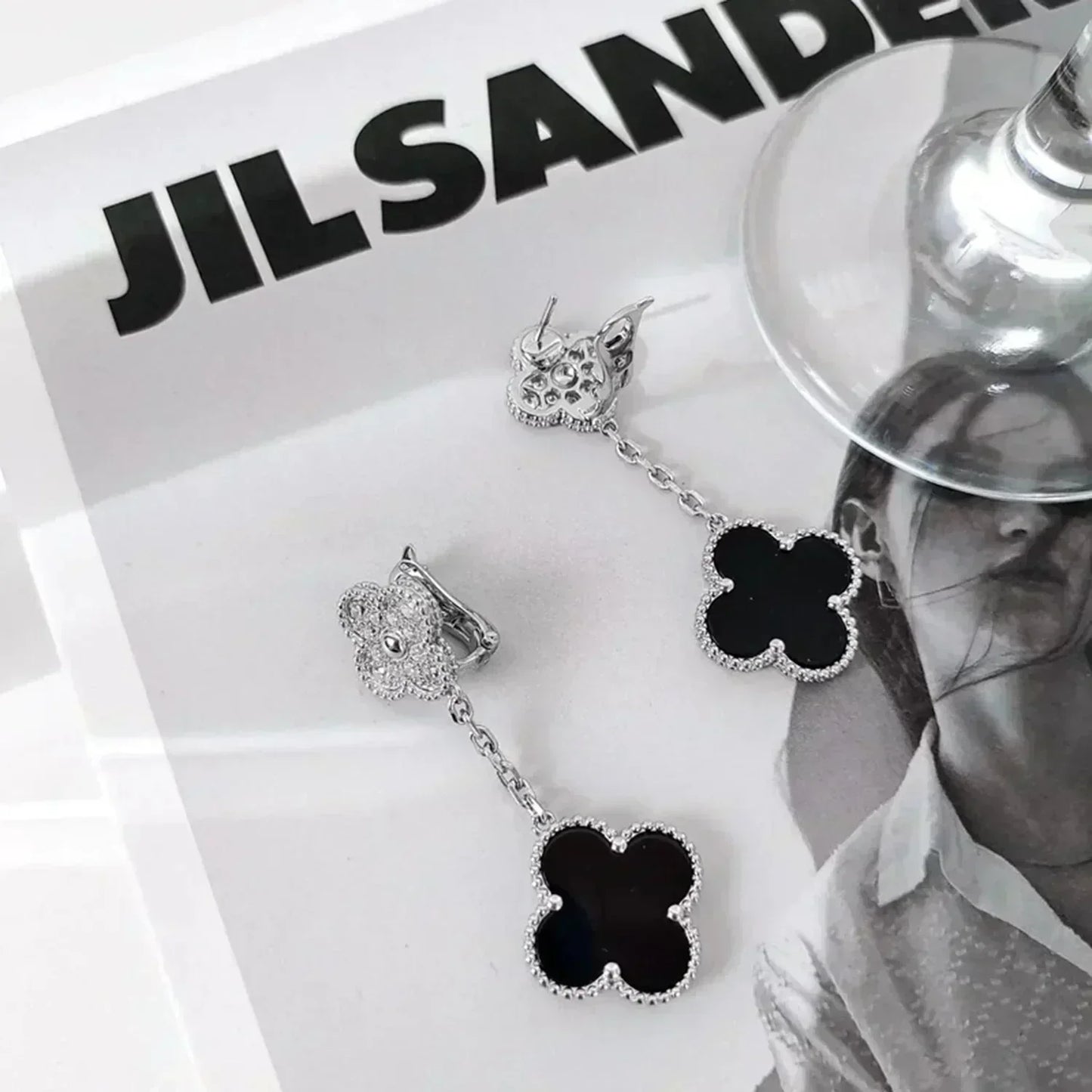 [basloveJW]CLOVER 2 MOTIFS DIAMOND ONYX OHRRINGE SILBER