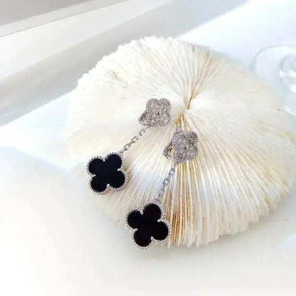 [basloveJW]CLOVER 2 MOTIFS DIAMOND ONYX OHRRINGE SILBER