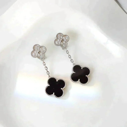 [basloveJW]CLOVER 2 MOTIFS DIAMOND ONYX OHRRINGE SILBER