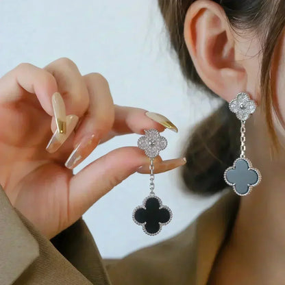 [basloveJW]CLOVER 2 MOTIFS DIAMOND ONYX OHRRINGE SILBER