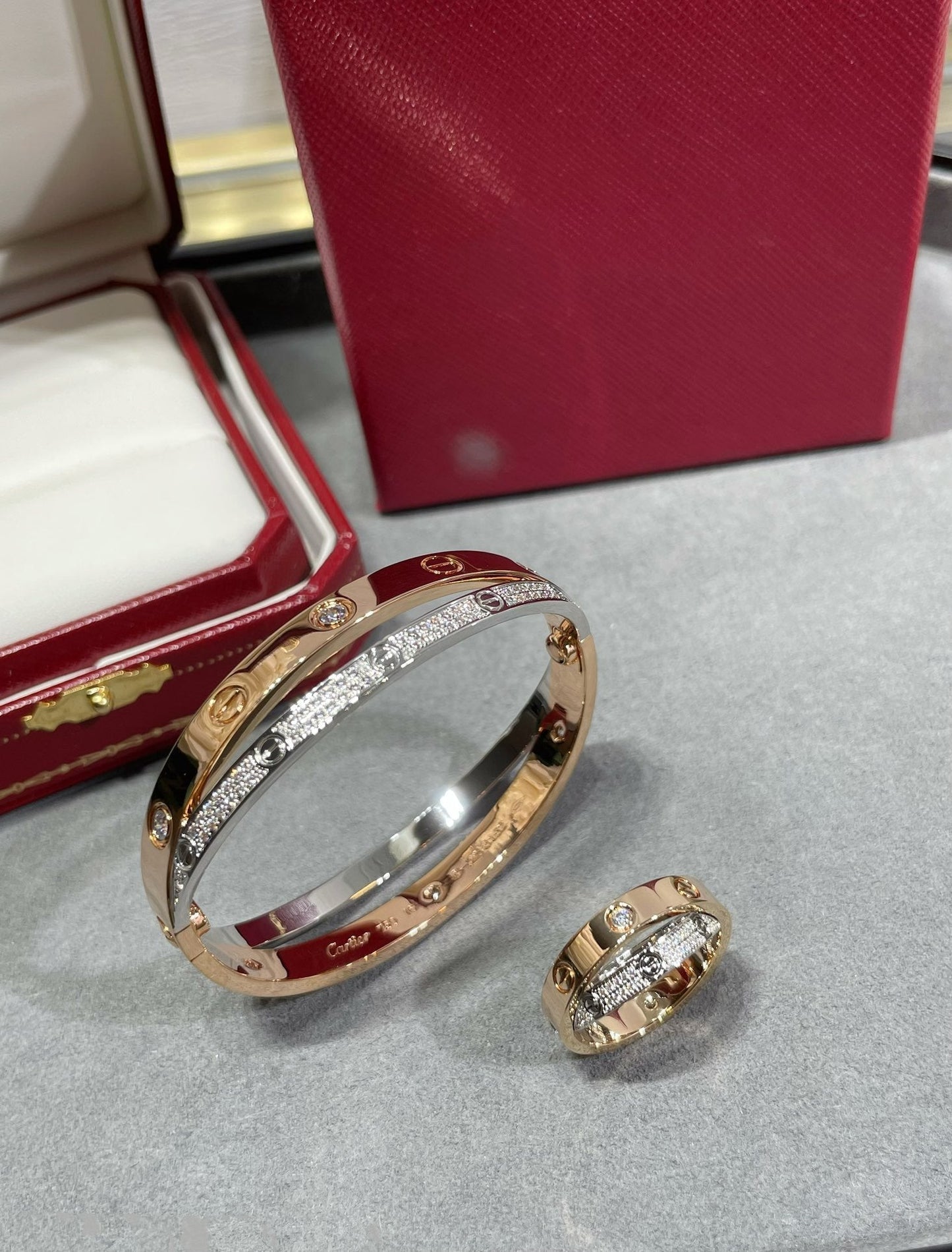 [AURORA]LOVE PINK GOLD SILVER DIAMOND DOUBLE RING