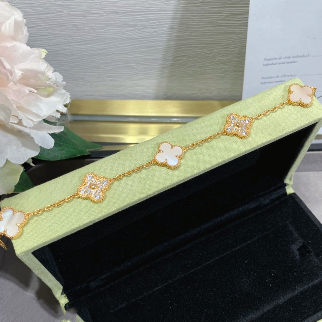 [AURORA]CLOVER 5 MOTIF DIAMOND PINK MOP PINK GOLD BRACELET