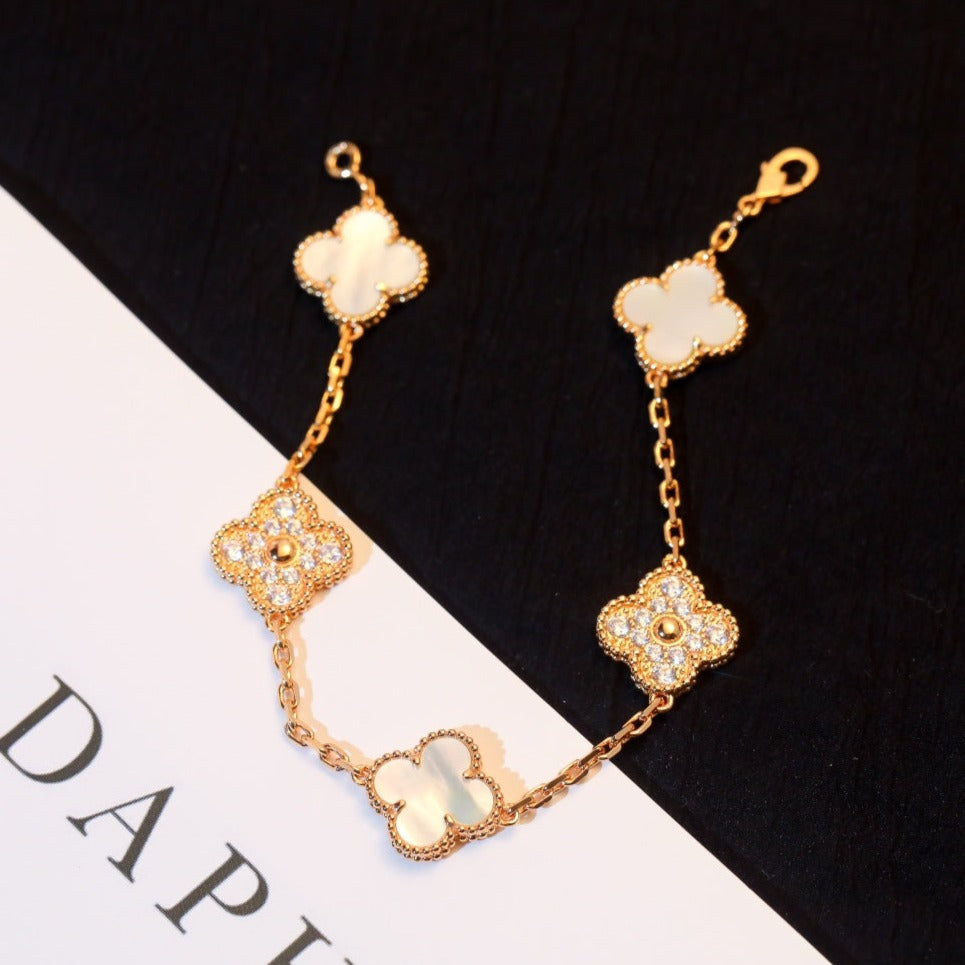 [AURORA]CLOVER BRACELET 5 MOTIF WHITE MOP DIAMOND