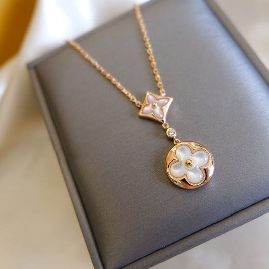 [AURORA] HALSKETTE MIT STERN UND SONNE, WEISSEM MOP 2-MOTIV, ROSA GOLD 