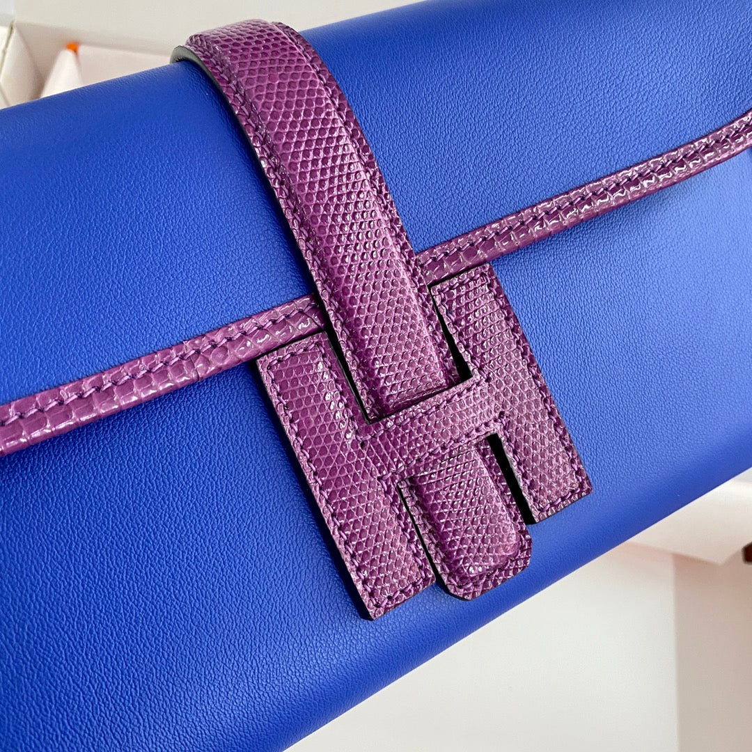 JIGE ELAN 29 CLUTCH IN COBALT BLUE CALFSKIN WITH VIOLET PURPLE LIZARD SKIN (MADE-TO-ODER)