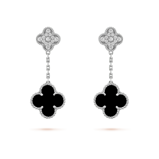 [basloveJW]CLOVER 2 MOTIFS DIAMOND ONYX OHRRINGE SILBER