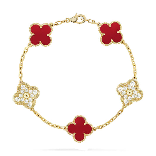 [AURORA]CLOVER 5 MOTIFS CARNELIAN DIAMOND BRACELET