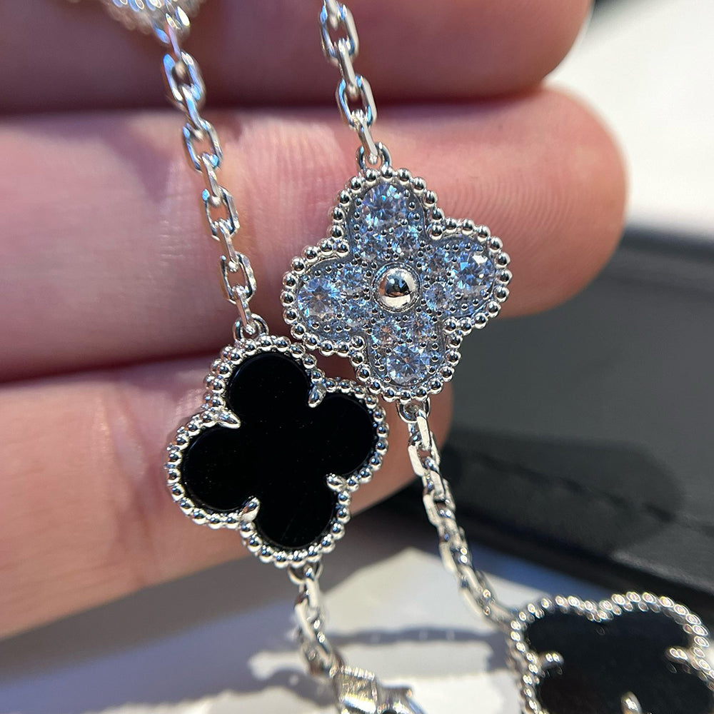 [AURORA]CLOVER 5 MOTIF ONYXS DIAMOND BRACELET SILVER