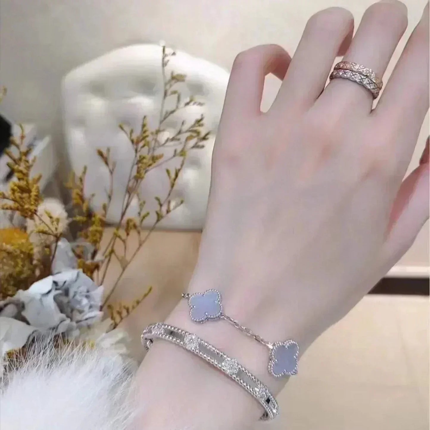 [basloveJW]CLOVER 5 MOTIV LILA CHALCEDON ARMBAND SILBER 