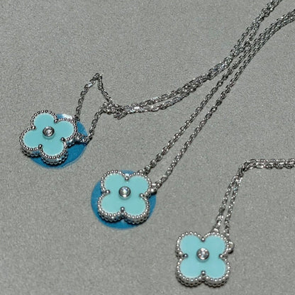 [basloveJW]CLOVER 1 DIAMANT HELLBLAU SILBER HALSKETTE