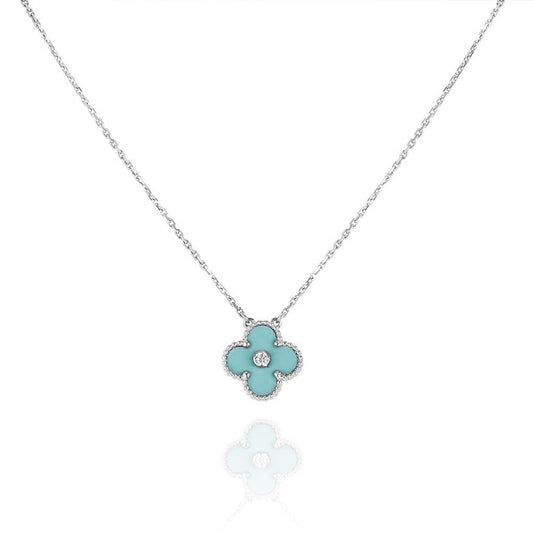 [basloveJW]CLOVER 1 DIAMANT HELLBLAU SILBER HALSKETTE