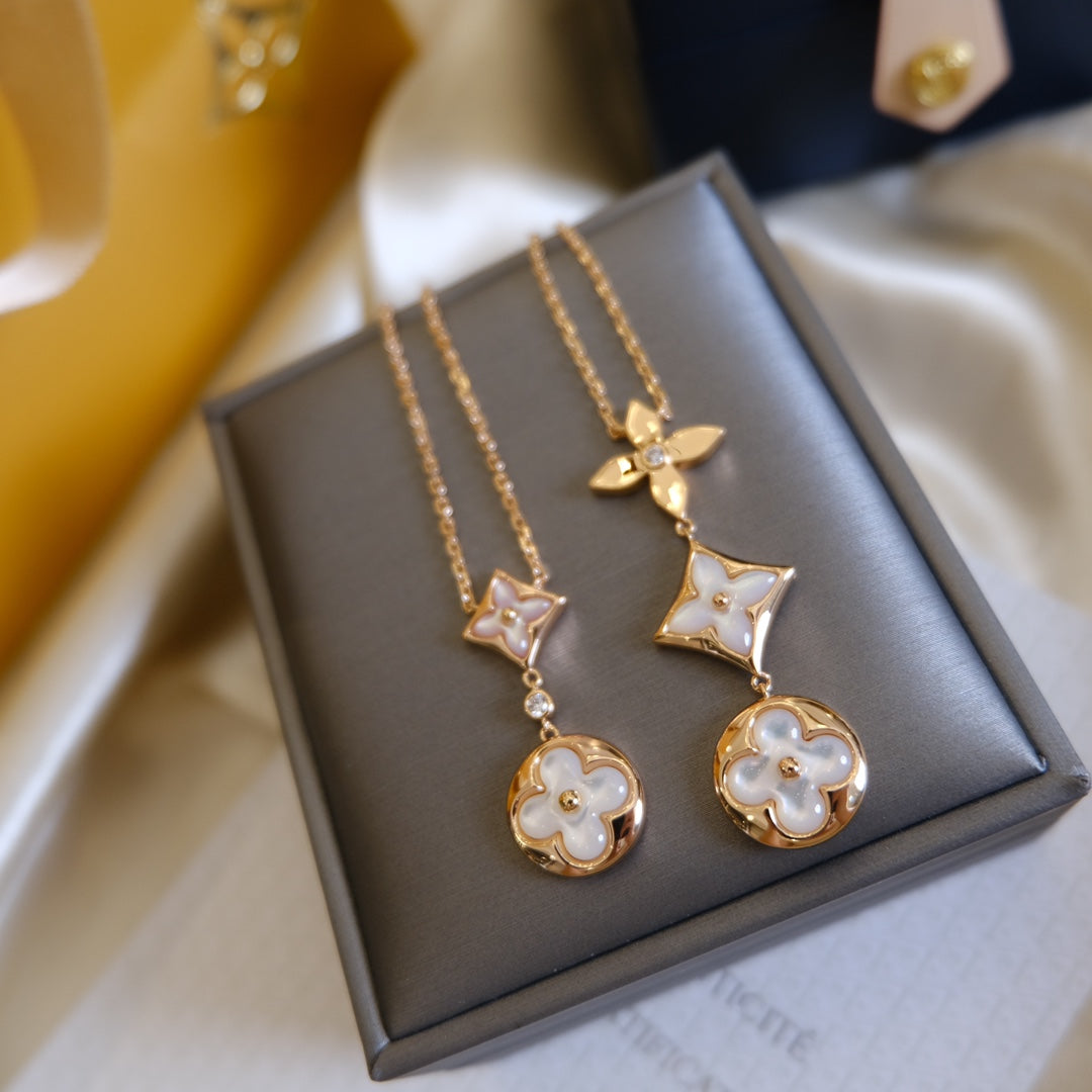 [AURORA]COLOR BLOSSOM LARIAT HALSKETTE ROSA GOLD WEISS PERLMUTT UND DIAMANT