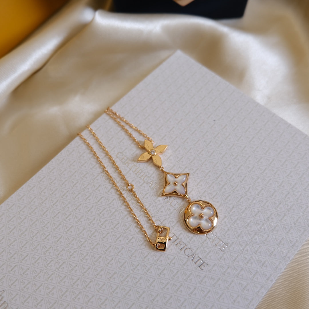 [AURORA]COLOR BLOSSOM LARIAT HALSKETTE ROSA GOLD WEISS PERLMUTT UND DIAMANT