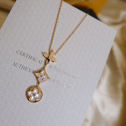 [AURORA]COLOR BLOSSOM LARIAT HALSKETTE ROSA GOLD WEISS PERLMUTT UND DIAMANT