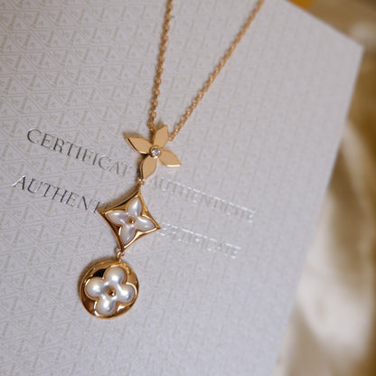 [AURORA]COLOR BLOSSOM LARIAT HALSKETTE ROSA GOLD WEISS PERLMUTT UND DIAMANT